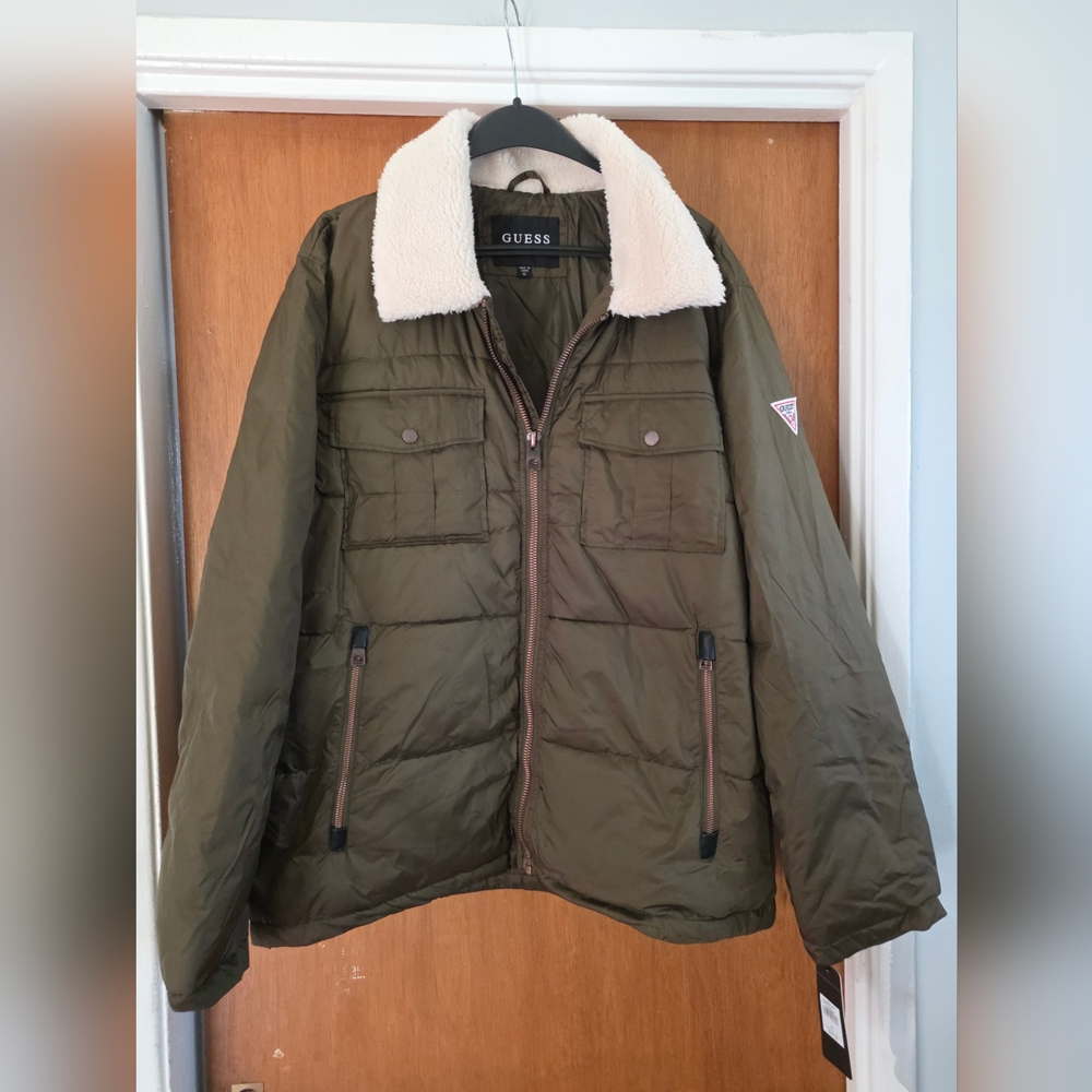 Men's Guess Green army Jacket XL New Sherpa Collar Aviator Pilot